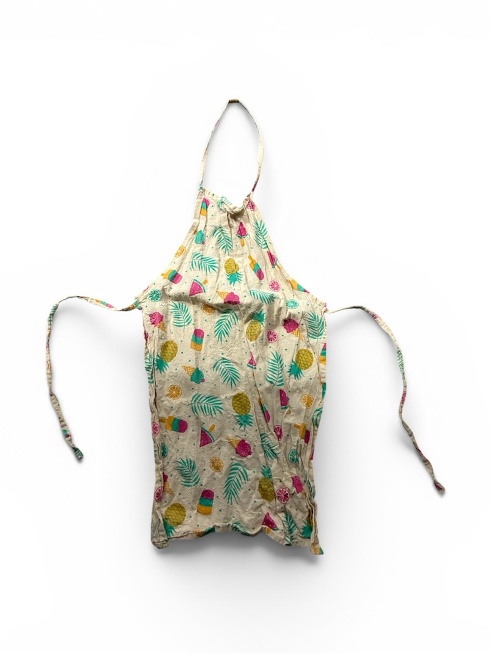 Kids Tropical Print Summer Apron - Cream with Pink & Green